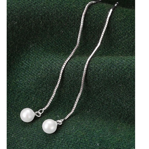 Classic 925 Sterling Silver Cultured Pearl Threader Earrings - Picture 2 of 5